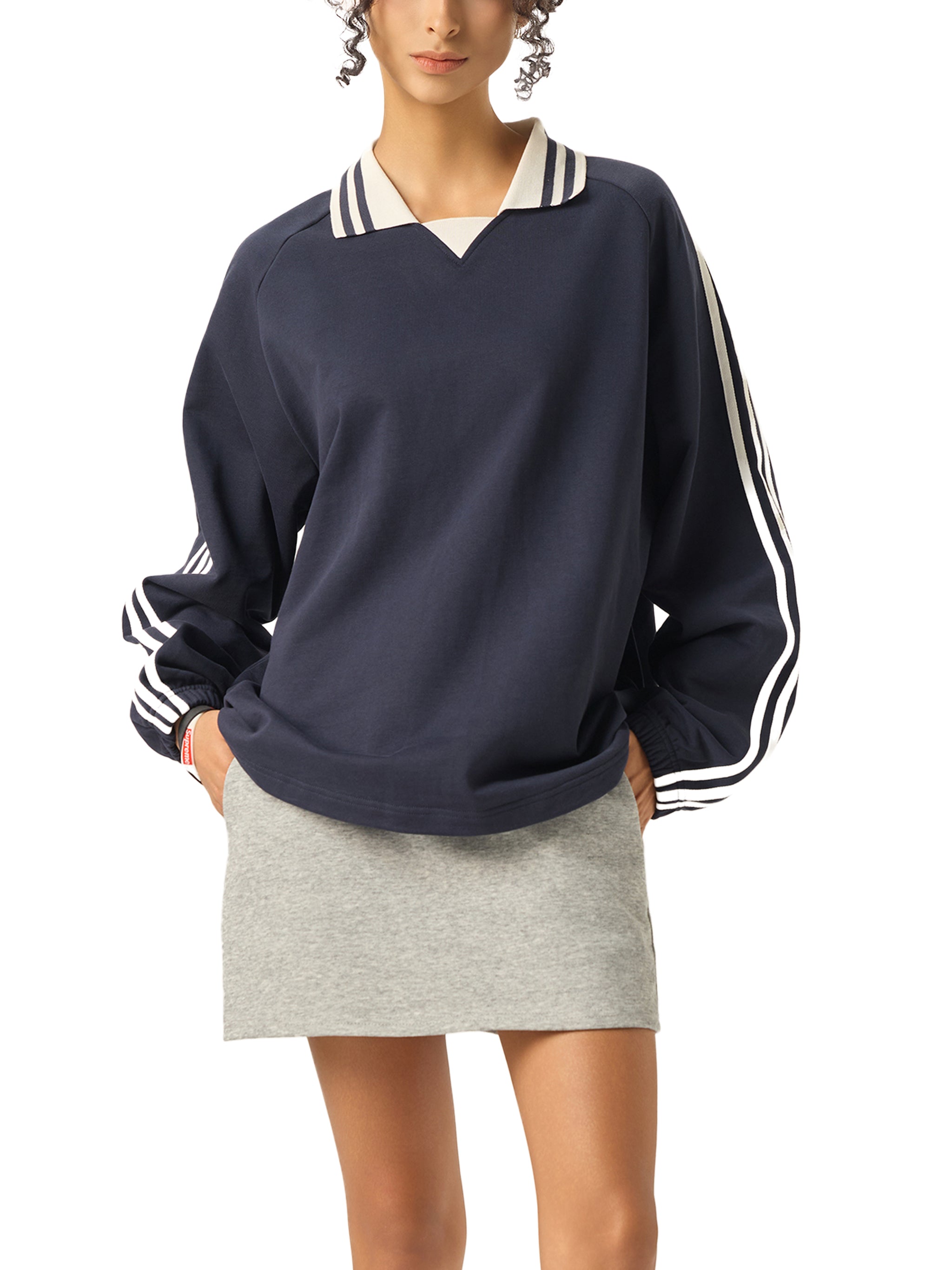 ARVIA Contrast Striped Lapel Collar Sweatshirt