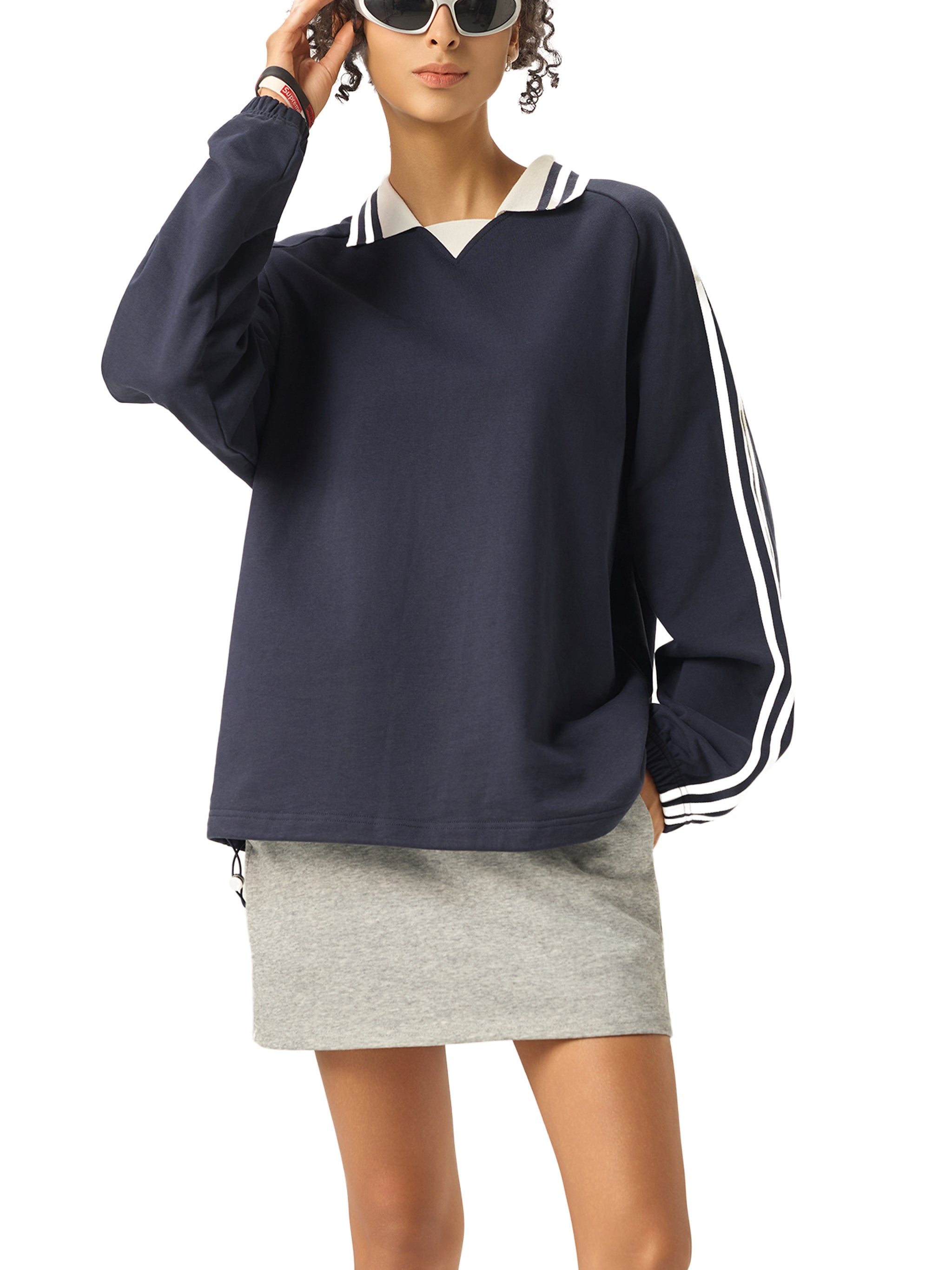 ARVIA Contrast Striped Lapel Collar Sweatshirt