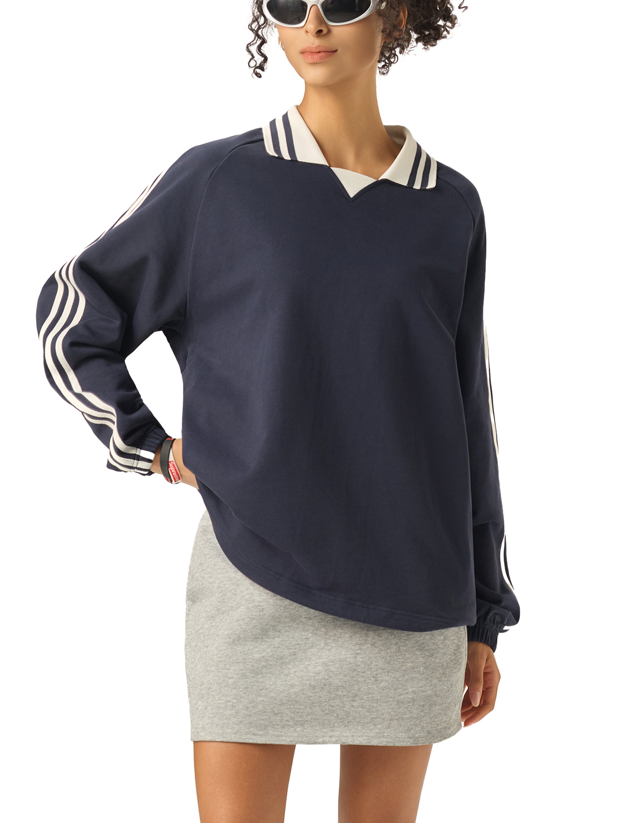ARVIA Contrast Striped Lapel Collar Sweatshirt