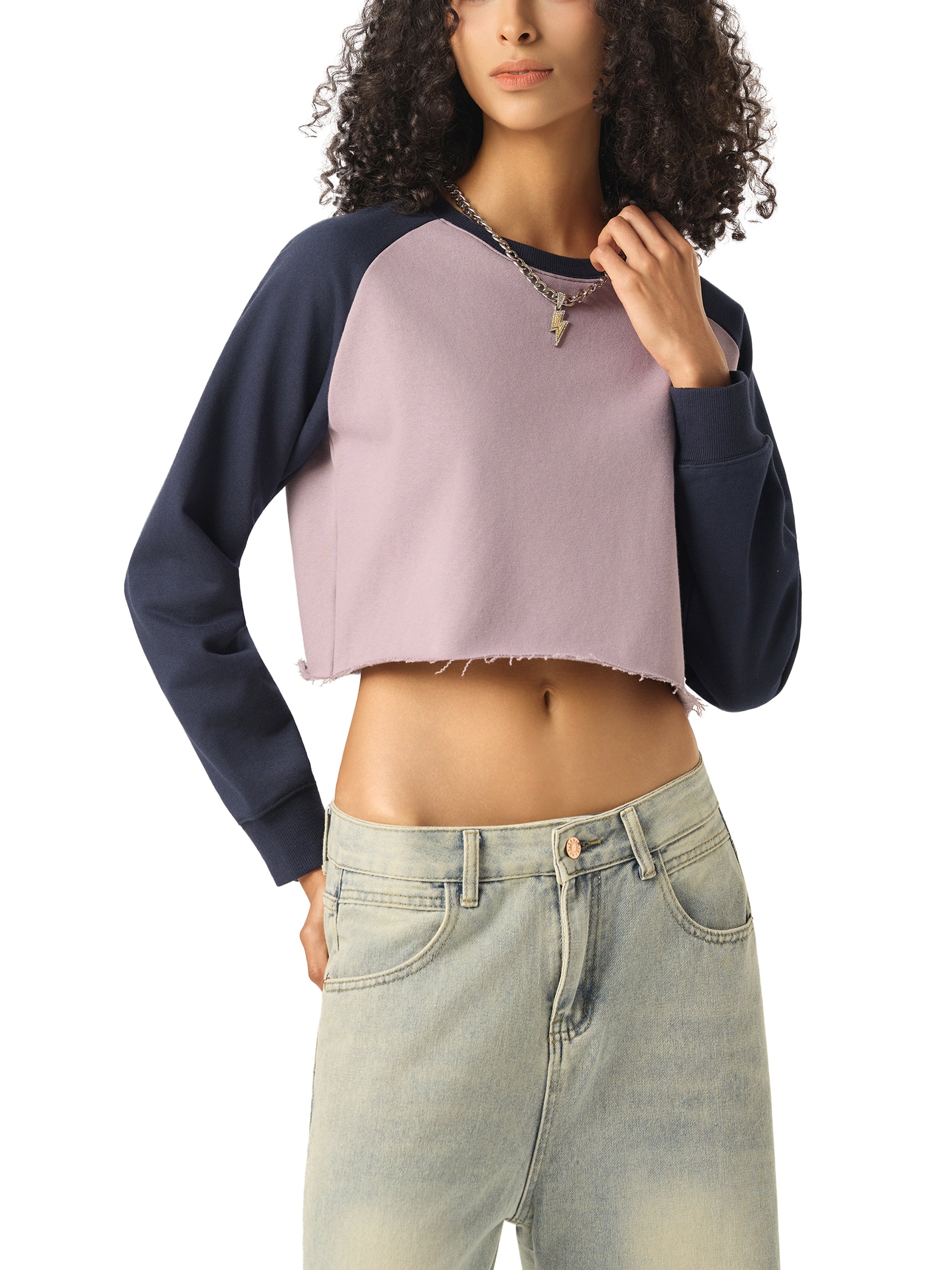 ARVIA Raw-Hem Color-Block Raglan Crop Sweatshirt